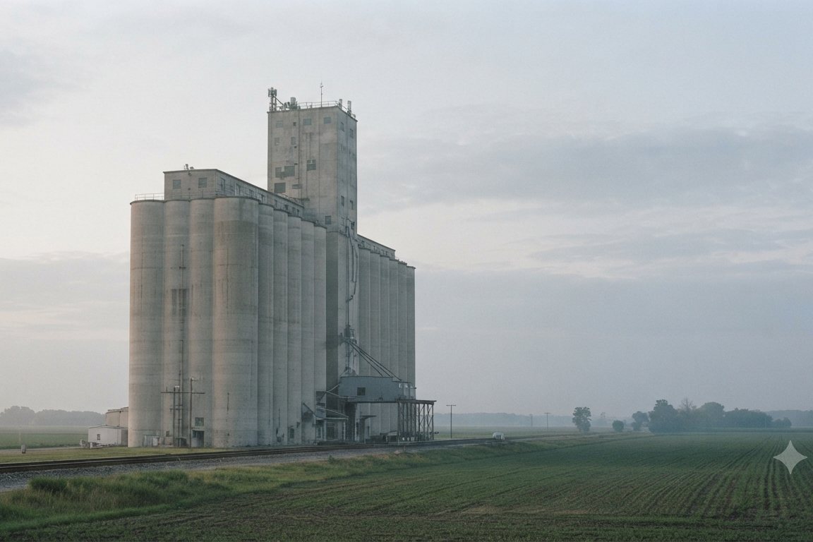 Grain elevator beside a rail line in open farmland