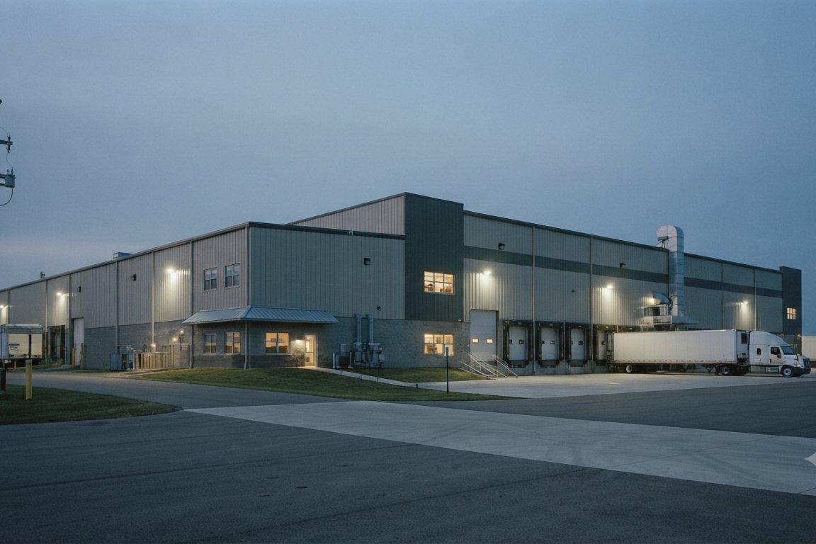 Distribution and manufacturing facility at dusk, loading docks lit